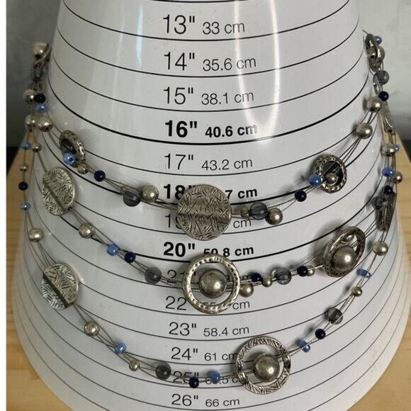 Multi-Strand Silver Necklace With Blue & Gray Beads Adjustable Length - Picture 2 of 4